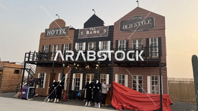 A women's clothing store in the South West (Cowboy) town in the Al-Zahra neighborhood on King Abdulaziz Road in Jeddah for the year 2025, featuring American cowboy attire, a recreational tourist destination, a place to have a good time in the Kingdom of Saudi Arabia, with buildings in classic Western style.