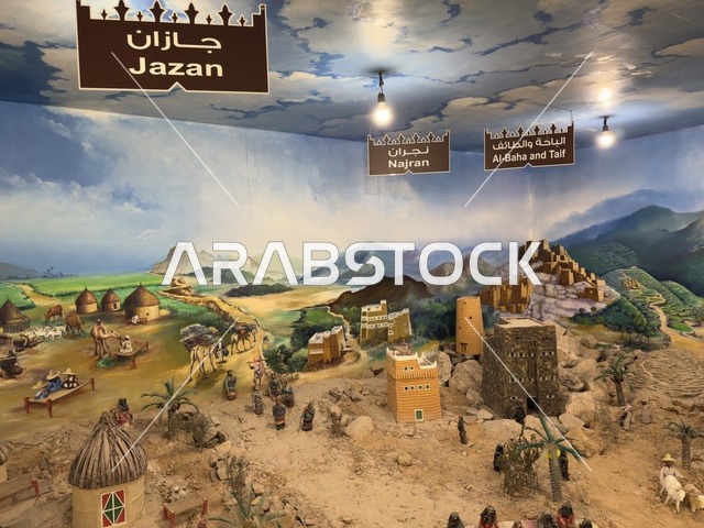 صورة ملونة لمحافظة جازان في القديم في القرية الشعبية على كورنيش الدمام، معلم ثقافي وسياحي يجمع بين التراث والمطاعم والمقاهي، مكان لقضاء وقت ممتع مع العائلة في المملكة العربية السعودية