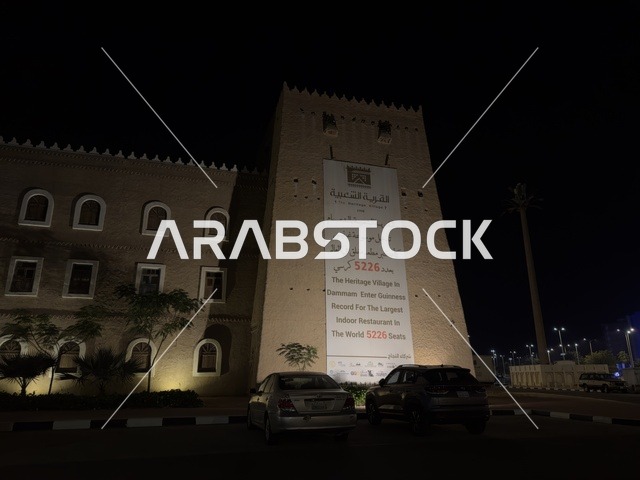مبنى القرية الشعبية الطيني على الطراز القديم على كورنيش الدمام، معلم ثقافي وسياحي يجمع بين التراث والمطاعم والمقاهي، مكان لقضاء وقت ممتع مع العائلة في المملكة العربية السعودية