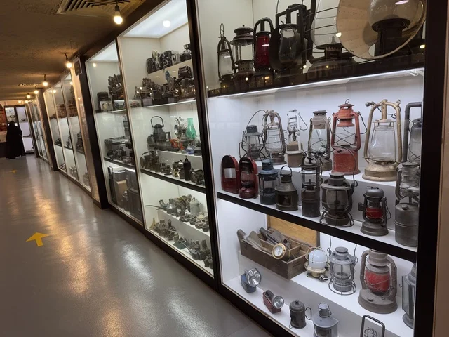 عرض الفوانيس المعدنية القديمة في متحف القرية الشعبية على كورنيش الدمام، معلم ثقافي وسياحي يجمع بين التراث والمطاعم والمقاهي، مكان لقضاء وقت ممتع مع العائلة في المملكة العربية السعودية