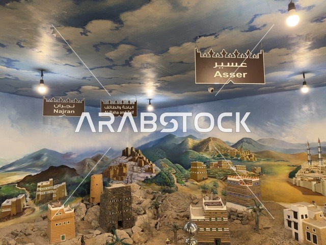 لوحة ملونة لمحافظة عسير وجازان والباحة والطائف في القديم في القرية الشعبية على كورنيش الدمام، معلم ثقافي وسياحي يجمع بين التراث والمطاعم والمقاهي، مكان لقضاء وقت ممتع مع العائلة في المملكة العربية السعودية