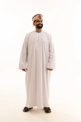 The concept of masculinity and dignity, expressions of self-confidence, looking at something with gestures of joy, attention to external appearance, a portrait of an Arab Gulf Omani man wearing a dishdasha and turban standing upright, full-body image, white background.