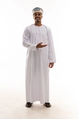 Opening the fist is a sign of welcome, an Arab Gulf Omani man wearing a white dishdasha and turban, gestures of joy and happiness, portrait with a white background, full body, looking at the camera.