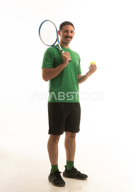 Saudi Man Holding Tennis Racket on White Background