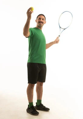 Saudi Man Holding Tennis Racket on White Background