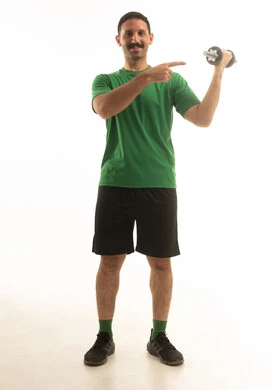 A Saudi Arabian Gulf Arab man wearing sportswear and doing weightlifting exercises, an enjoyable physical activity, full-body, white background.