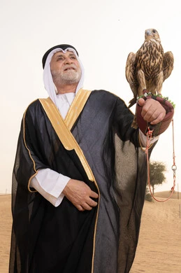 تدريب الصقر الجارح، تربية الطيور والاهتمام بتدريبها ورعايتها، رجل عربي خليجي إماراتي مسن يرتدي الكندورة البيضاء والبشت الأسود والشماغ مع العقال يقف فى الصحراء يحمل على يدية صقر, مكانة الصقور في التاريخ الاماراتي، ايماءات السعادة و السرور
