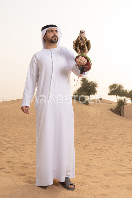 الاهتمام بتربيه الطيور البرية، تدريب الصقر الجارح, مكانة الصقور في التاريخ الاماراتي ، رجل عربي خليجي اماراتي يرتدي الكندورة و الغتره البيضاء يقف فى الصحراء يحمل على يده طائر الصقر