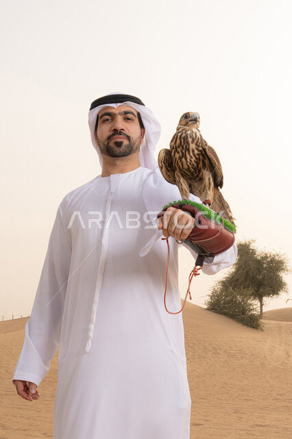 النظر الى الكاميرا بتعابير السرور، تدريب الصقر الجارح، الاهتمام بتربيه الطيور البرية, مكانة الصقور في التاريخ الاماراتي ، رجل عربي خليجي اماراتي يرتدي الكندورة و الغتره البيضاء يقف فى الصحراء يحمل على يده طائر الصقر