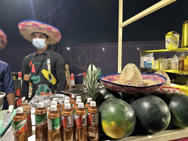 The Mexican restaurant at a food festival in the Ithra outdoor gardens in Dhahran, Eastern Province, Saudi Arabia, on December 28, 2025, features a family-friendly and entertaining atmosphere, enjoyable outdoor seating, an entertaining and educational experience, and international and local restaurants.