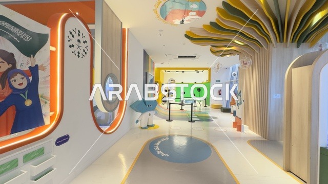 An interactive educational experience, an Arabic language exhibition for children at the King Salman Global Center for the Arabic Language in Al-Warood neighborhood in Riyadh, on December 11, 2025, developing reading and expression skills, cultural and recreational activities for children, enjoyable educational atmosphere in the Kingdom of Saudi Arabia.