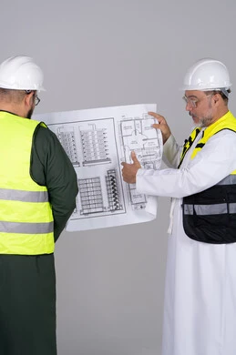 مهندسون إماراتيون يراجعون مخططاً معمارياً في استديو