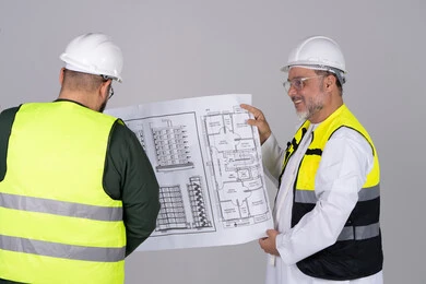 مهندسون إماراتيون يفحصون مخططات البناء المعمارية مهندسون إماراتيون يفحصون مخططات البناء المعمارية