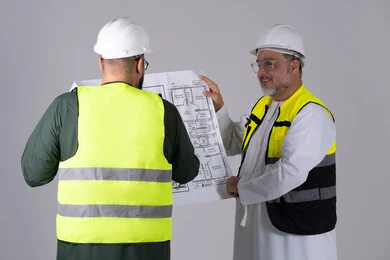 مهندسون إماراتيون يراجعون مخططات البناء في الاستوديو