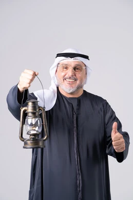 Emirati Man Holding Lantern with Thumbs Up Gesture