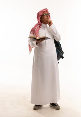 Saudi Male Student Thinking with Book on White Background