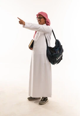 Saudi Male Student with Backpack and Book Pointing