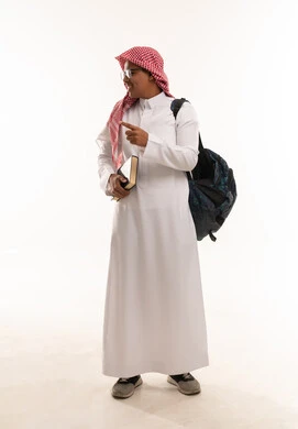 Saudi Student With Backpack and Book on White Background