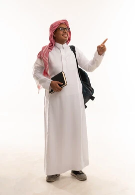 Saudi Student in Traditional Thobe Pointing on White