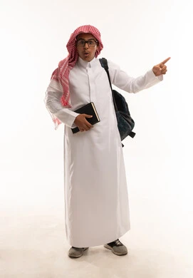Surprised Saudi Student in Traditional Thobe Pointing
