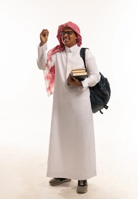 Saudi Student in Thobe Carrying Books and Writing