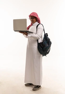 Saudi Student in Thobe Holding Laptop with Backpack