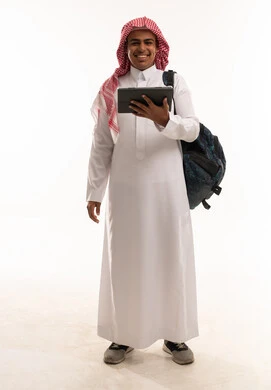 Saudi Man Holding Digital Tablet with Backpack