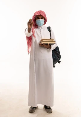 Saudi Student with Mask Writing on White Background