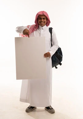 Saudi Student Holding Blank White Placard on White