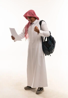 Saudi Man in Thobe Celebrating Success on White Background