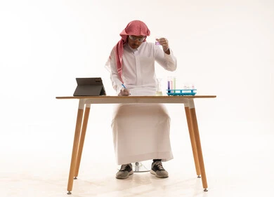 عالم سعودي يجري تجربة كيميائية على خلفية بيضاء