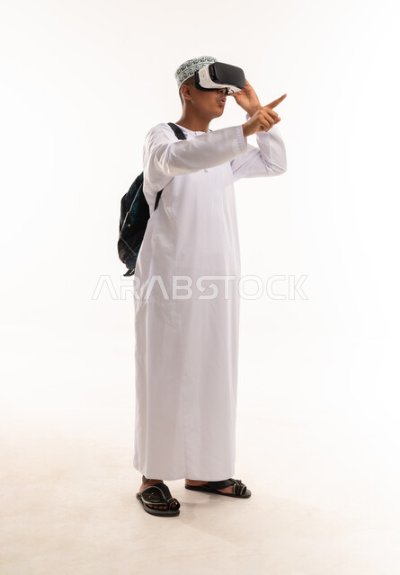 Omani Man Using VR Headset Technology on White Background
