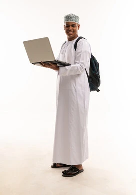 Omani Man with Laptop and Backpack in Studio