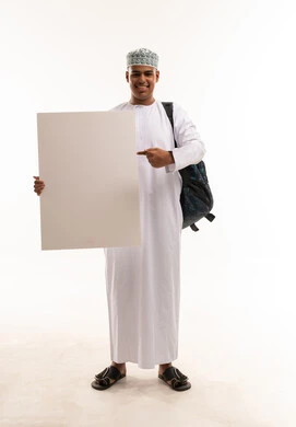 Omani Student Holding Blank Sign on White Background