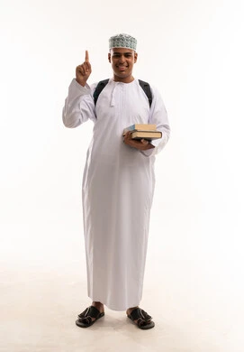 Omani Male Student with Books Pointing Upward