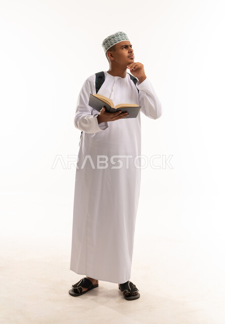 Omani Student Thinking with Book on White Background