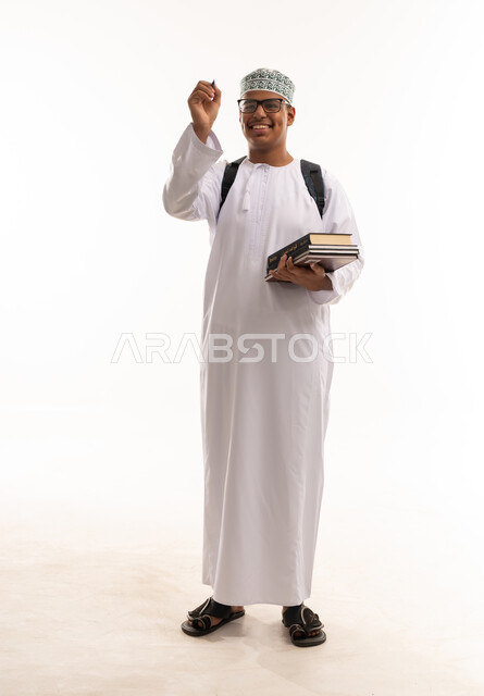 Omani Student with Books and Backpack on White Background