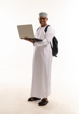 Omani Student with Laptop and Backpack on White Background
