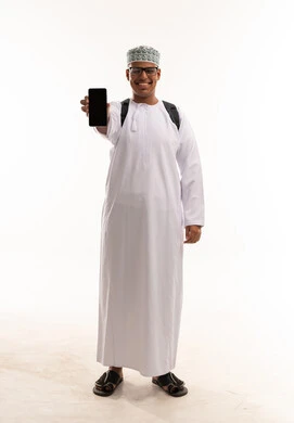 Omani Man Holding Blank Smartphone on White Background