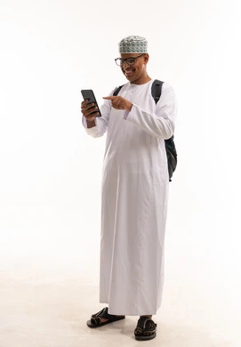 Omani Man Using Smartphone on White Background