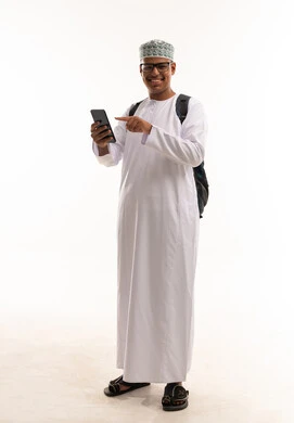 Omani Man with Backpack Pointing at Smartphone Screen