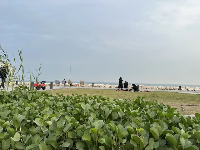 A calm family atmosphere, a modern walking experience, the Hams walkway in the Eastern Province, Saudi Arabia, an open entertainment destination, spaces for walking and relaxation, outdoor seating and benches, diverse restaurants and cafes.