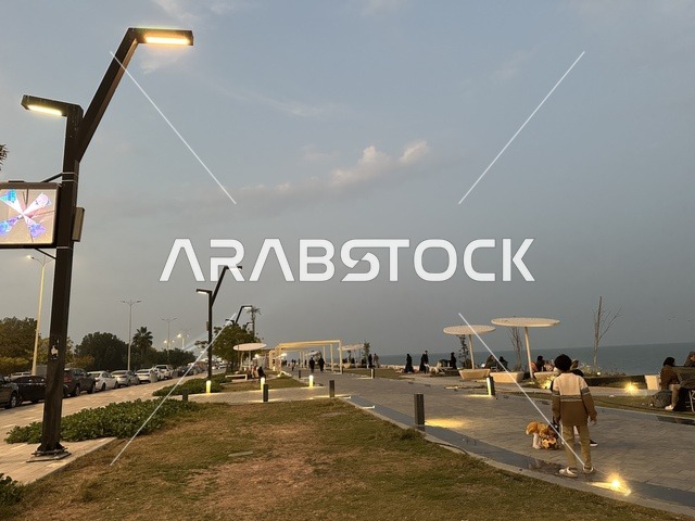 الاضواء واعمده الانارة ليلاً فى ممشى همس فى المنطقة الشرقية، المملكة العربية السعودية ،أجواء عائلية هادئة ، تجربة تنزه عصرية،وجهة ترفيهية مفتوحة، مساحات للمشي والاسترخاء،  جلسات ومقاعد خارجية