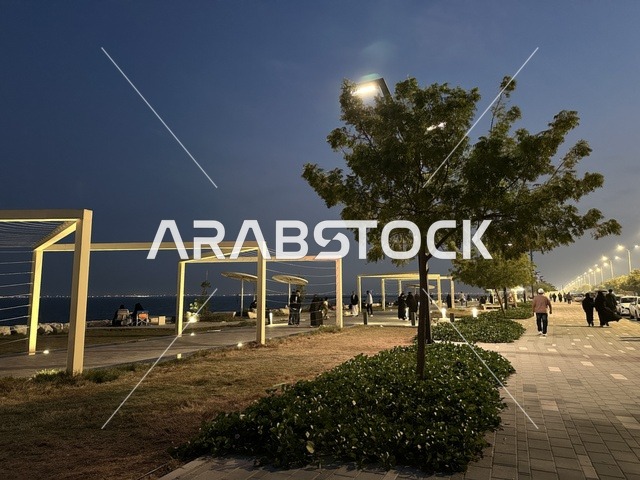 Walking and relaxation areas in the Hams Walkway in the Eastern Province, Saudi Arabia, a calm family atmosphere, a modern strolling experience, an open entertainment destination, outdoor seating and benches.