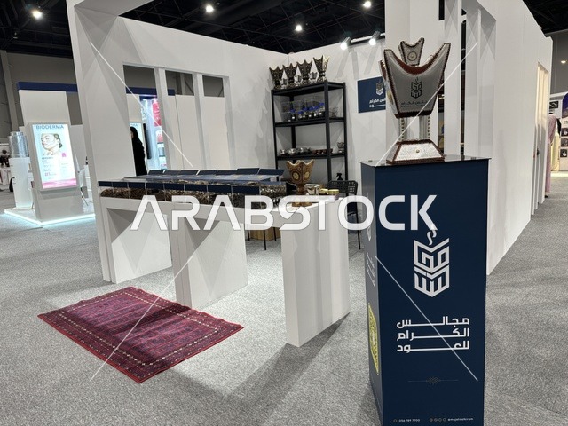Highlighting identity and innovation, diverse pavilions at the Designers' Exhibition in the Eastern Province on December 29, 2025, Saudi Arabia, direct interaction with visitors, a creative platform for fashion and design, upscale atmosphere inside the exhibition.