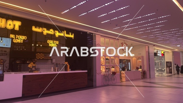 بتاتو هوت يقدم أطباق البطاطس المتنوعة، مركز تسوق في حي الأصالة شمال مدينة جدة في المملكة العربية السعودية سبتمبر 2025 ، تجربة تسوق ووجهة ترفيهية متكاملة للعائلة، تصميم عصري وماركات عالمية ومحلية