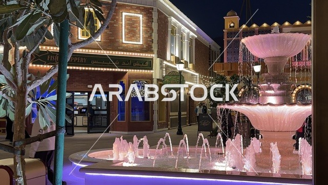 اكبر مشروع عملاق لمدينة ترفيهية تحمل علامة ستة أعلام التجارية في السعودية، أول منتزه ترفيهي لستة أعلام خارج أميركا الشمالية، نافورة مياه في مدينة 6 فلاجز القدية في ثاني يوم من الافتتاح 1 يناير 2026 ، استراتيجية رؤية السعودية 2030