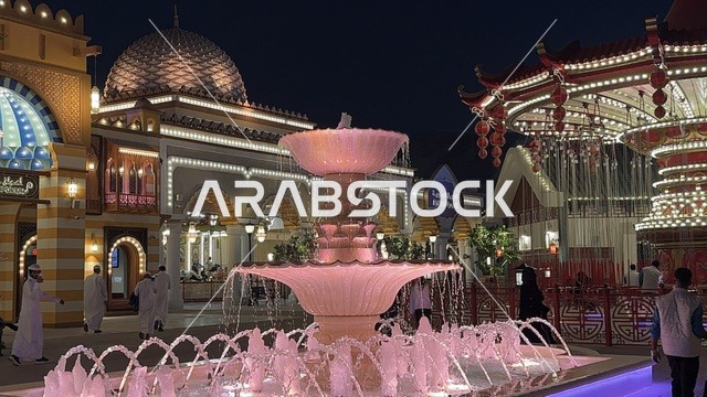 اكبر مشروع عملاق لمدينة ترفيهية تحمل علامة ستة أعلام التجارية في السعودية، أول منتزه ترفيهي لستة أعلام خارج أميركا الشمالية، نافورة مياه في مدينة 6 فلاجز القدية في ثاني يوم من الافتتاح 1 يناير 2026 ، استراتيجية رؤية السعودية 2030