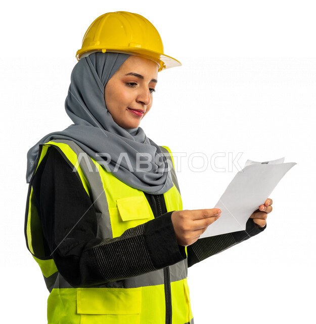 بورتريه مهندسة معمارية عربية سعودية خليجية تحمل بيدها مخطط البناء ، مهندسة انشاءات محجبة ترتدي بدلة السلامة في العمل ، خوذة العمل ، لباس رسمي للعمل ، مشروع بناء ، خلفية بيضاء