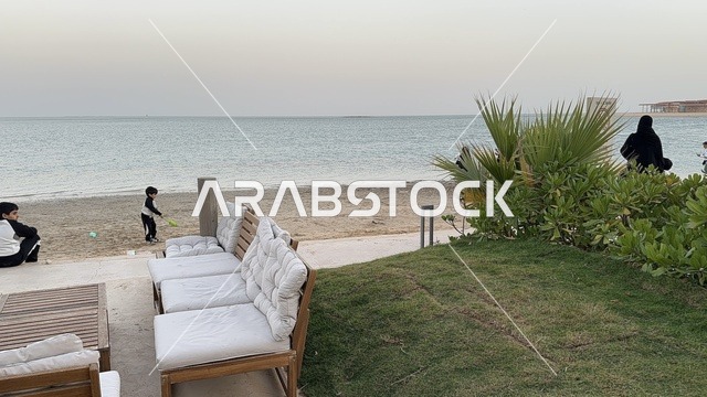 نباتات وشجيرات مزروعة، سولت البحر وجهة ترفيهية وشاطئية عائلية تقع على طريق الكورنيش في الخبر في المملكة العربية السعودية، تجديدات إضافية وتطويرات في 3  يناير 2026، شاطئ رملي مع وجود مظلات وأشجار نخيل